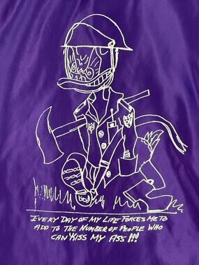 Vtg 80s Sportcaster Seattle Shiny Satin Jacket Purple Gold sz 40 Kiss my ass